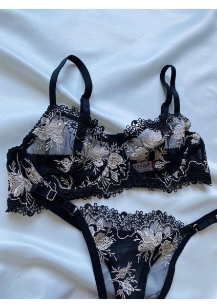 Kadın Iç Çamaşır Takımı Altın Brode Çiçek Desenli Bralet Balenli Dantelli Askılı Sütyen ve Tanga modelleri