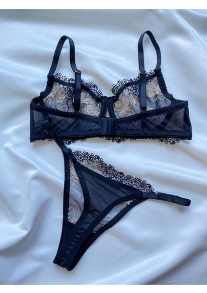 Kadın Iç Çamaşır Takımı Altın Brode Çiçek Desenli Bralet Balenli Dantelli Askılı Sütyen ve Tanga fırsatları