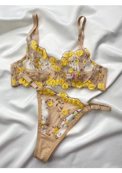 Kadın Iç Çamaşır Takımı Sarı Brode Çiçek Desenli Bralet Balenli Dantelli Askılı Sütyen ve Tanga fiyatları