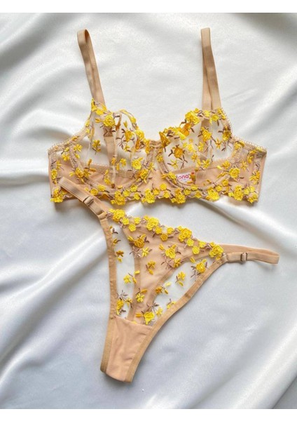 Kadın Iç Çamaşır Takımı Sarı Brode Çiçek Desenli Bralet Balenli Dantelli Askılı Sütyen ve Tanga modelleri