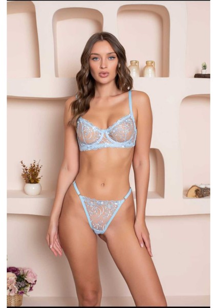 Kadın Iç Çamaşır Takımı Glam Mavi Askılı Dantelli Çiçekli Balenli Sütyen Takımı Bralet ve Tanga