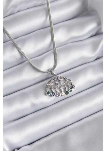 316L Çelik Gümüş Renk İtalyan Zincir Zirkon Taşlı Göz Figür Kadın Kolye - TJ-BKO8146