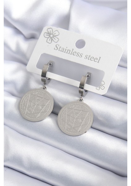 316L Çelik Gümüş Renk Pentagram Işleme Model Kadın Küpe - TJ-BKP7924