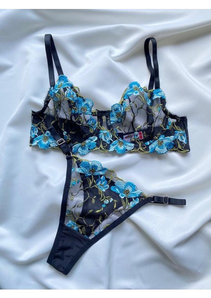 Kadın Iç Çamaşır Takımı Brode Mavi Çiçek Desenli Dantelli Örme Kumaş Sütyen Balenli Bralet ve Tanga modelleri