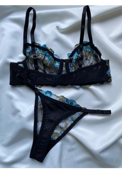 Kadın Iç Çamaşır Takımı Brode Mavi Çiçek Desenli Dantelli Örme Kumaş Sütyen Balenli Bralet ve Tanga fırsatları