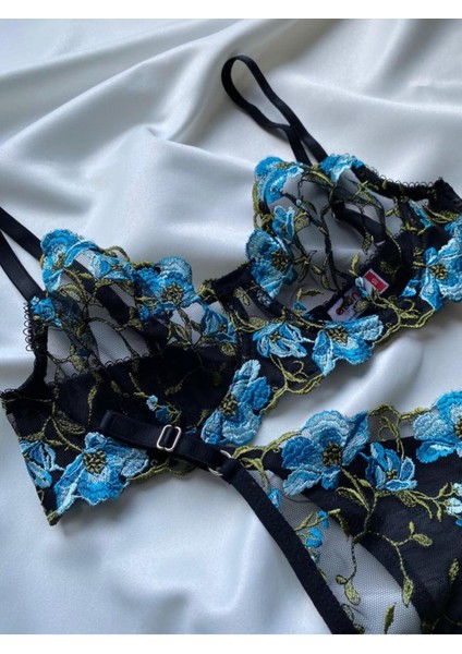 Kadın Iç Çamaşır Takımı Brode Mavi Çiçek Desenli Dantelli Örme Kumaş Sütyen Balenli Bralet ve Tanga indirimleri