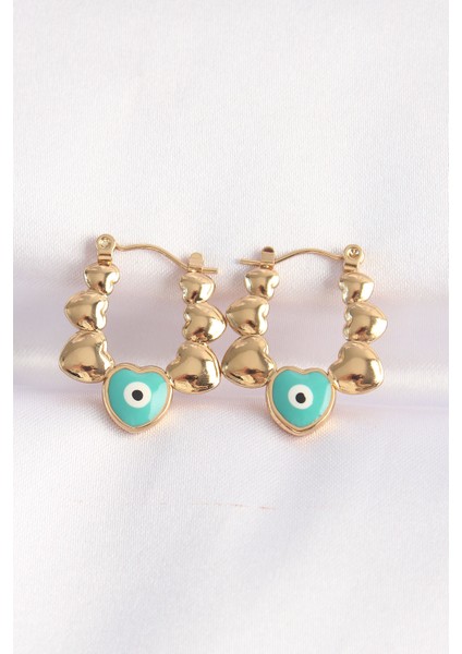 316L Çelik Gold Renk Mavi Nazarlı Kalpli Model Küpe - TJ-BKP8948