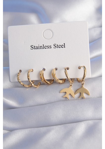 316L Çelik Gold Renk Oval Tasarım Kuş Model Küpe Seti - TJ-BKP9030