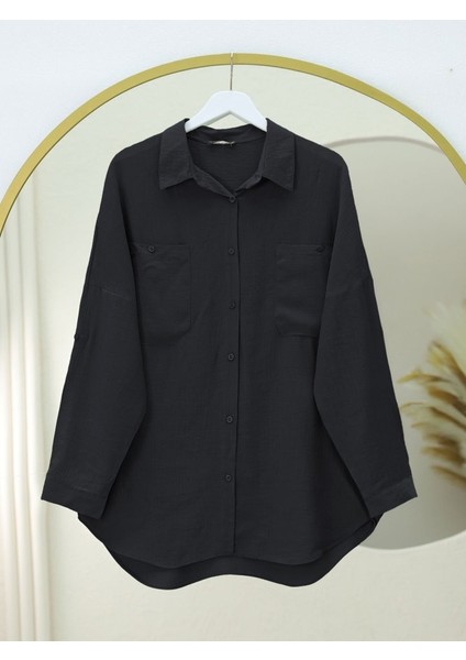 Çift Cepli Oval Kesim Kolu Katlamalı Gömlek Tunik -Siyah