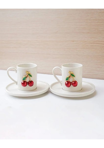 Vişne Figürlü Seramik Kahve Fincanı Takımı – 2’li Şık Tasarım Fincan ve Tabak Seti modelleri