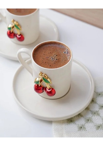 Vişne Figürlü Seramik Kahve Fincanı Takımı – 2’li Şık Tasarım Fincan ve Tabak Seti fırsatları