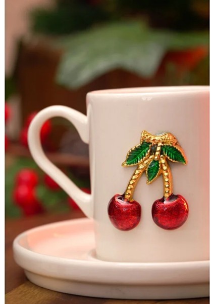 Vişne Figürlü Seramik Kahve Fincanı Takımı – 2’li Şık Tasarım Fincan ve Tabak Seti indirimleri