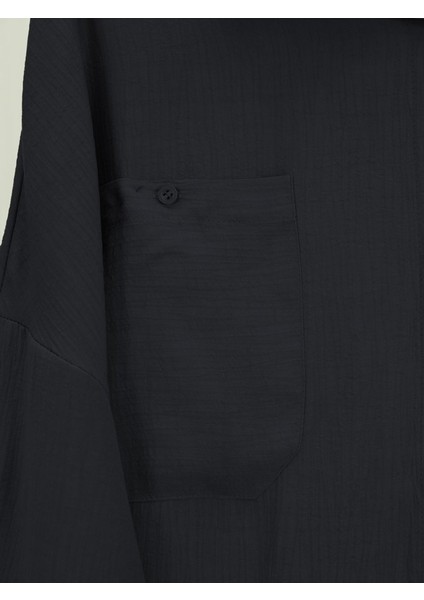 Çift Cepli Oval Kesim Kolu Katlamalı Gömlek Tunik -Siyah fırsatları