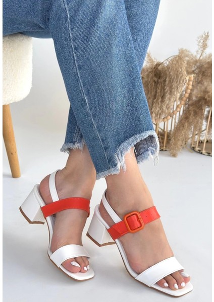 Xmpdby Year Beyaz Cilt Turuncu Detaylı Beyaz Topuklu Ayakkabı (Numara: 39)