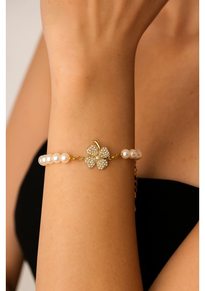 Zirkon Taşlı Yonca Figürlü Inci Bileklik