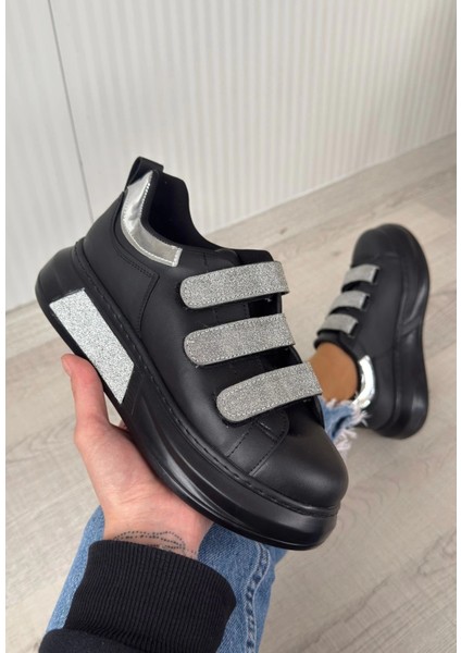 Xmpdby Elika Siyah Cilt Simli Cırt Cırtlı Spor Ayakkabı (Numara: 37)