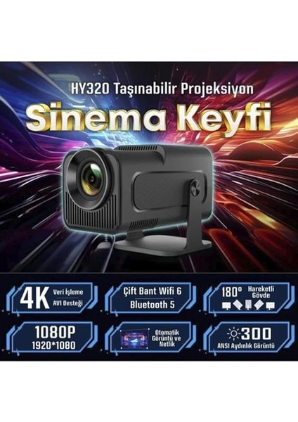 HY320 Siyah Taşınabilir Sinema Projektörü 4K 1080P 10 W Güçlü Bluetooth Akıllı Projeksiyon Wifi fiyatları