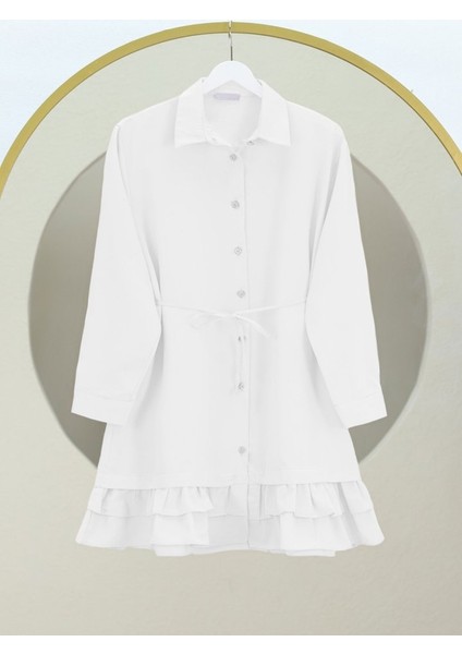 Etek Ucu Katlı Fırfırlı Düğmeli Poplin Gömlek Tunik -Beyaz