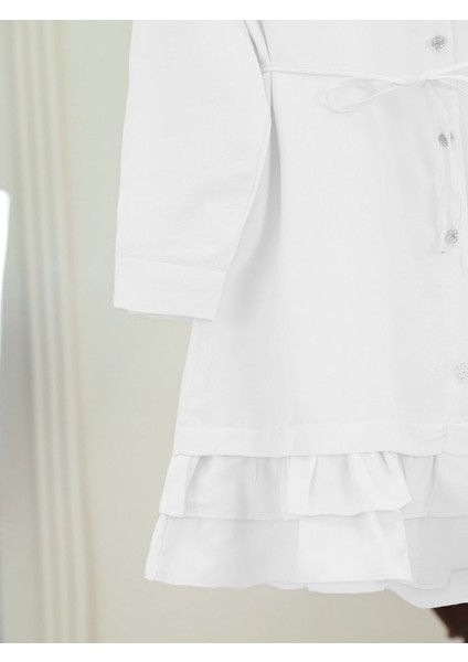 Etek Ucu Katlı Fırfırlı Düğmeli Poplin Gömlek Tunik -Beyaz modelleri