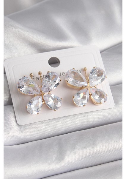 Pirinç Gold Renk Zirkon Taşlı Kelebek Model Kadın Küpe