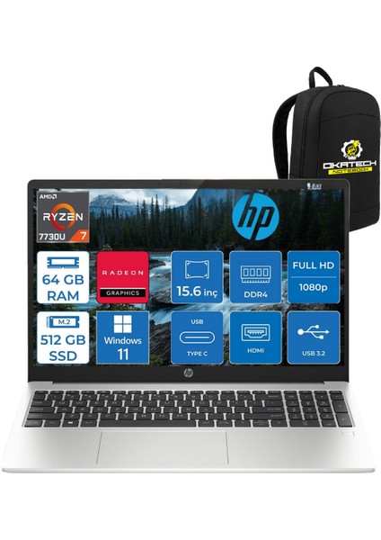 255 G10 3Z6G3ES Ryzen 7 7730U 64 GB Ram 512GB Nvm SSD 15.6" Fhd WİN11 Pro Notebook +Okatech Çanta