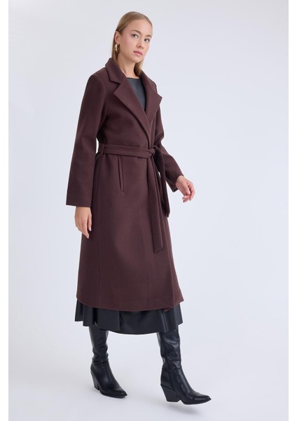 Ceket Yaka Kuşaklı Kaşe Kaban