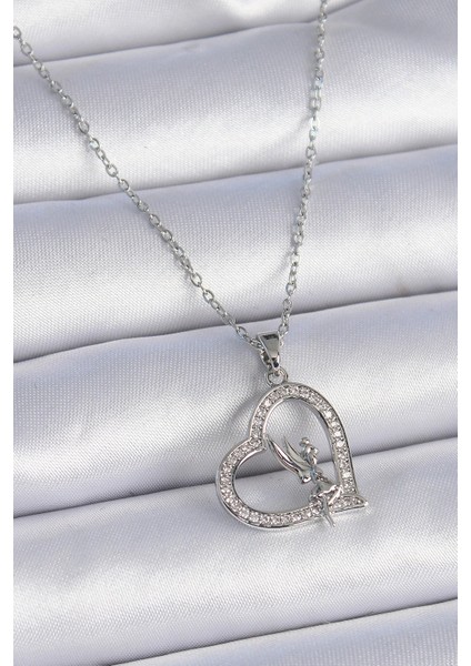 316L Çelik Zincir Gümüş Renk Zirkon Taşlı Kalp Model Melek Detay Kadın Kolye