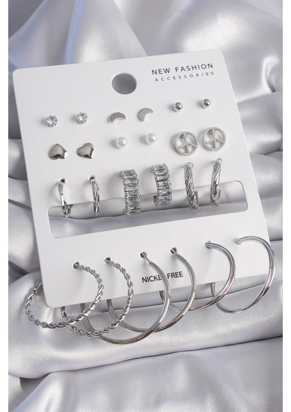 Pirinç Gümüş Renk Zirkon Taşlı 12 Çift Kadın Küpe Seti