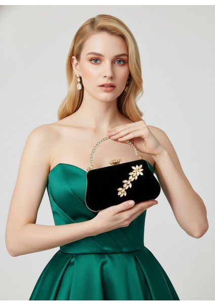 Siyah Süet Kristal Taşlı Metal Saplı Zincir Askılı Abiye Çanta Düğün Nişan Mezuniyet