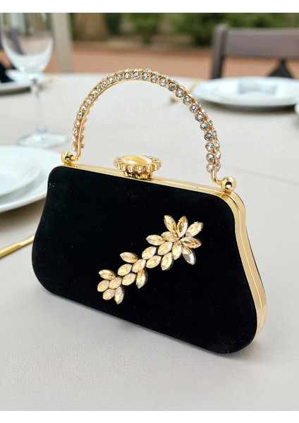 Siyah Süet Kristal Taşlı Metal Saplı Zincir Askılı Abiye Çanta Düğün Nişan Mezuniyet fiyatları