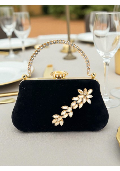 Siyah Süet Kristal Taşlı Metal Saplı Zincir Askılı Abiye Çanta Düğün Nişan Mezuniyet modelleri