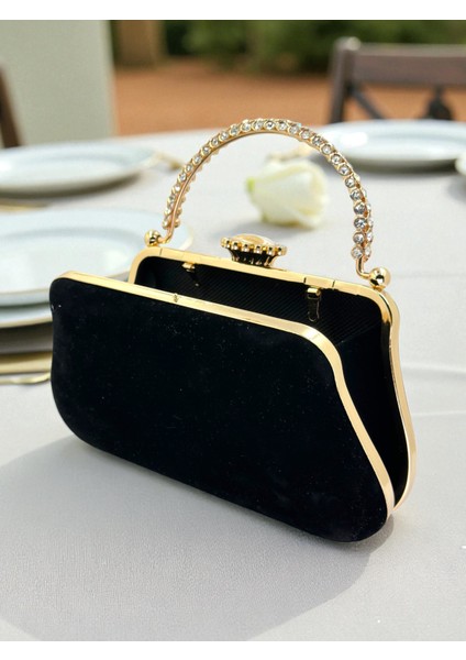 Siyah Süet Kristal Taşlı Metal Saplı Zincir Askılı Abiye Çanta Düğün Nişan Mezuniyet fırsatları