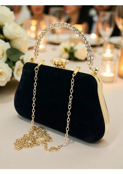 Siyah Süet Kristal Taşlı Metal Saplı Zincir Askılı Abiye Çanta Düğün Nişan Mezuniyet