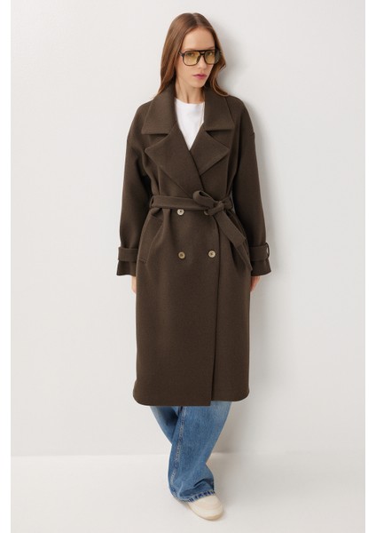 Kruvaze Yaka Kuşaklı Kaşe Kaban LDW0007 Haki