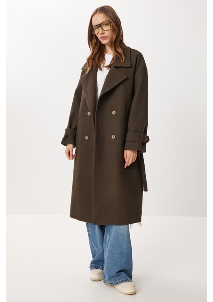 Kruvaze Yaka Kuşaklı Kaşe Kaban LDW0007 Haki fiyatları