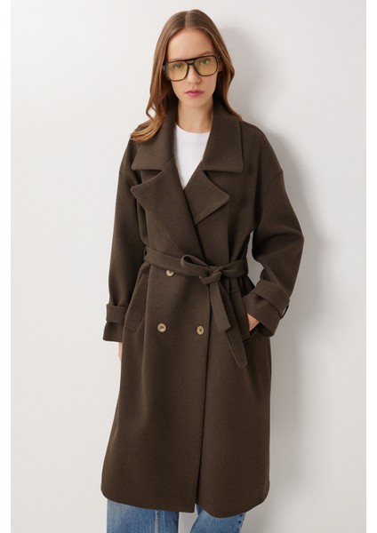 Kruvaze Yaka Kuşaklı Kaşe Kaban LDW0007 Haki modelleri