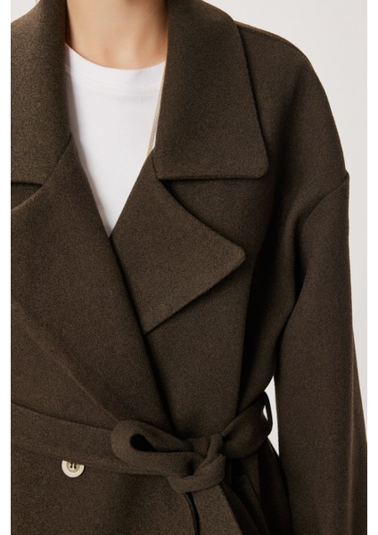 Kruvaze Yaka Kuşaklı Kaşe Kaban LDW0007 Haki fırsatları