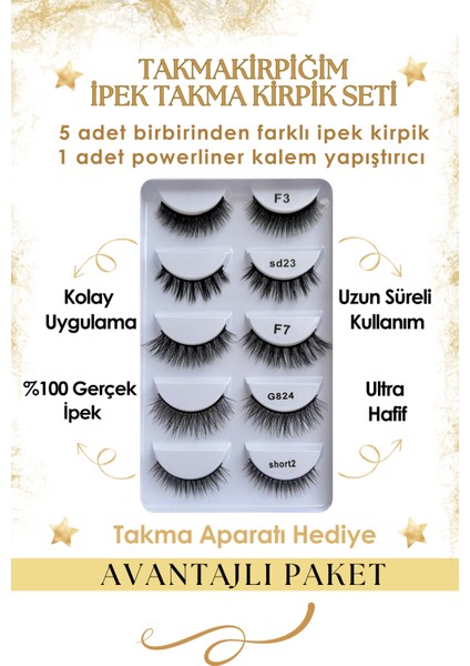 Takma Kirpiğim Beşli Doğal Ipek Takma Kirpik Short Mix Set Ve Powerliner Şeffaf Kalem Yapıştırıcı (APARAT HEDİYE)