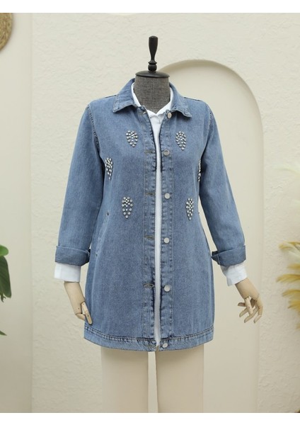 Küme Taş Detaylı Düğmeli Kot Ceket -Buz Mavi