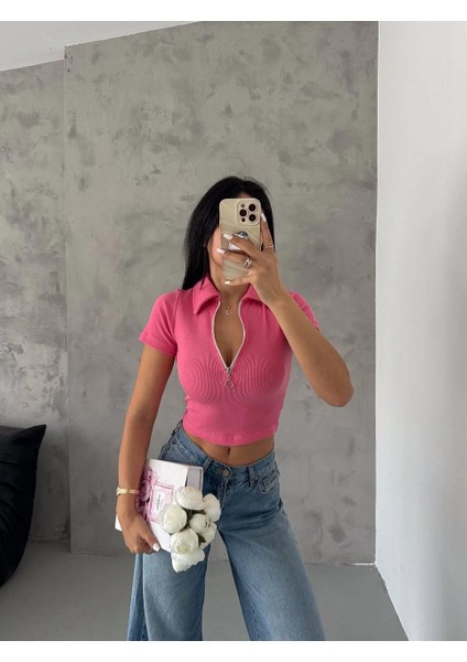 Xmpdby Kaşkorse Yaka Fermuarlı Bluz Fuşya (Beden: L) fırsatları