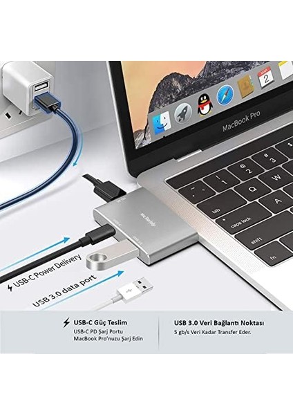 MacBook Pro Air Uyumlu Dual USB C Hub 4K HDMI USB 3.0 Pd Şarj Destekli Alüminyum Ince Hafif Çoklayıcı Adaptör Gri modelleri
