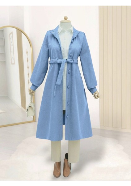 Belden Bağlamalı Top Düğmeli Kaşe Kaban -Mavi