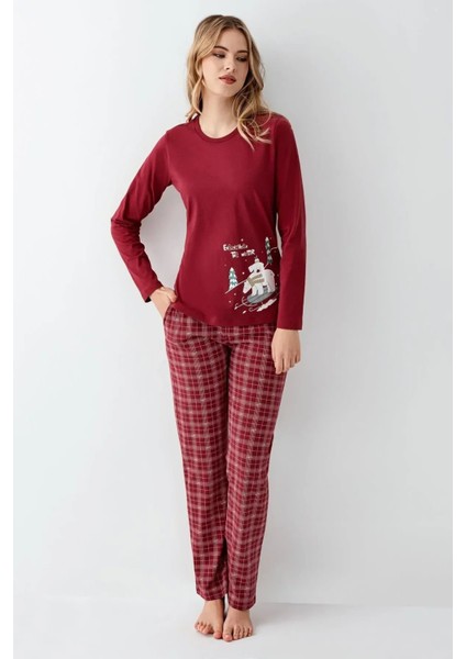 Kadın Yılbaşı Temalı %100 Pamuklu Uzun Kollu Bisiklet Yaka Pijama Takımı