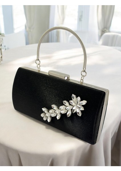 Siyah Kristal Gümüş Taşlı Saten Abiye Çanta, Metal Saplı Şıklık fiyatları