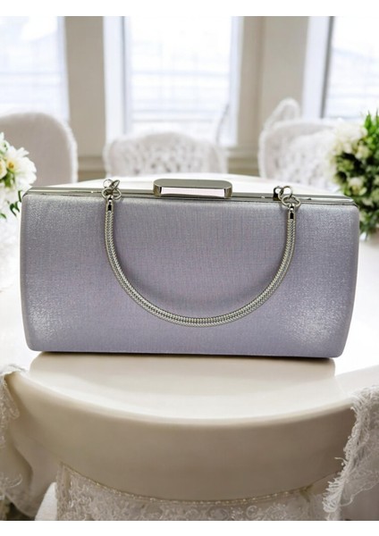 Gümüş Gri Saten Abiye Çanta, Metal Saplı Şıklık modelleri