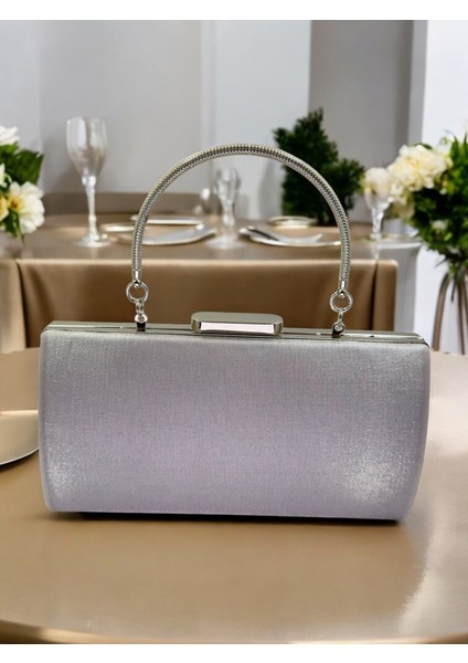 Gümüş Gri Saten Abiye Çanta, Metal Saplı Şıklık indirimleri