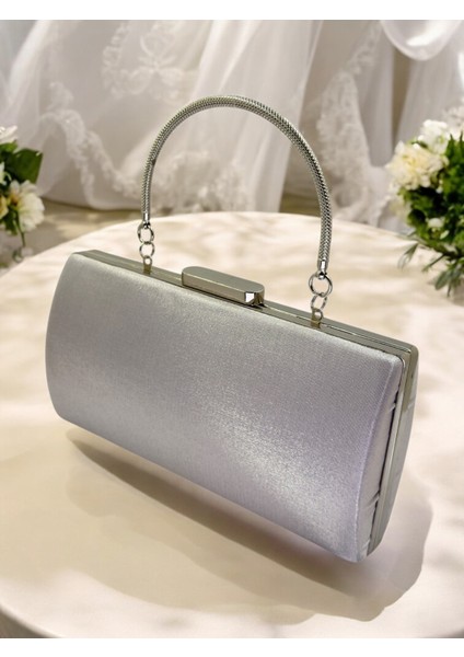 Gümüş Gri Saten Abiye Çanta, Metal Saplı Şıklık