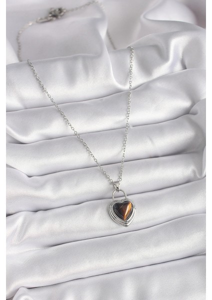 316L Çelik Gümüş Renk Zincir Kilit Kalp Kehribar Boncuk Model Kadın Kolye fiyatları