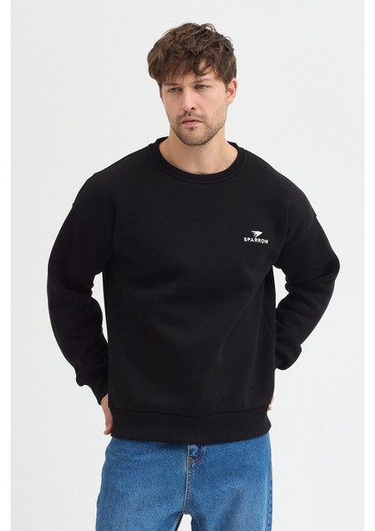 Oversize Bisiklet Yaka Şardonlu Erkek Sweatshirt 3 Iplik Pamuklu Siyah - M