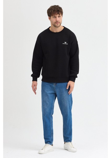 Oversize Bisiklet Yaka Şardonlu Erkek Sweatshirt 3 Iplik Pamuklu Siyah - M fiyatları